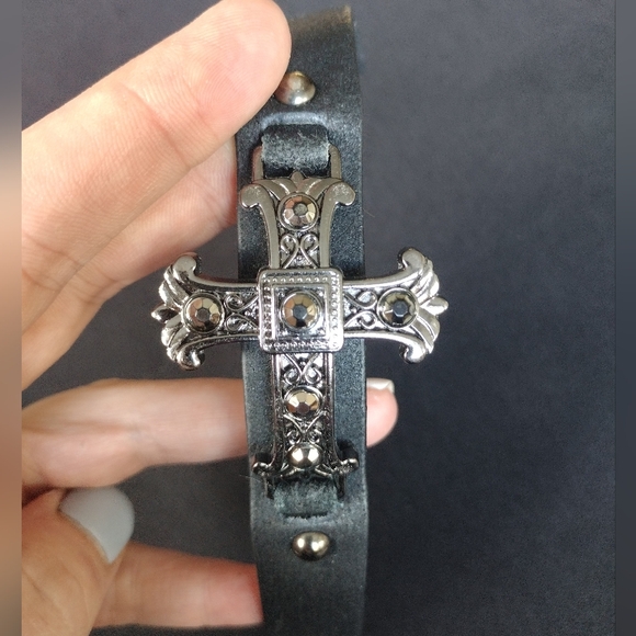 Jewelry - Genuine Black Leather Cross Cruficix Religious Bracelet